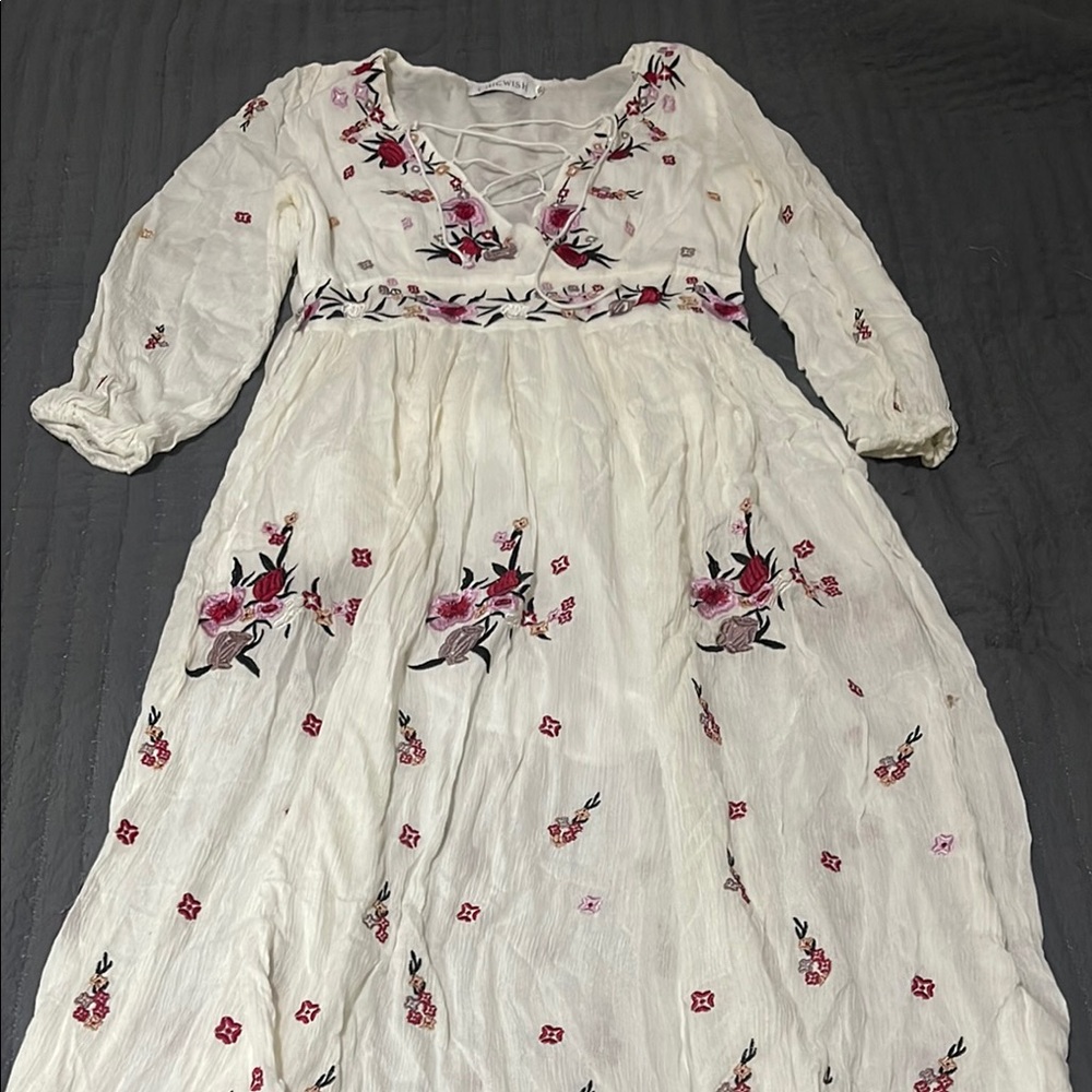 Chicwish White and Pink Maxi Sundress with Bishop Sleeves